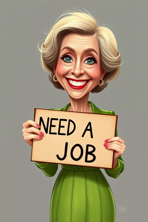 caricature of a smiling Maggie Smith in a Asparagus dress or suit, holding up a sign that says "NEED A JOB", no watermark,