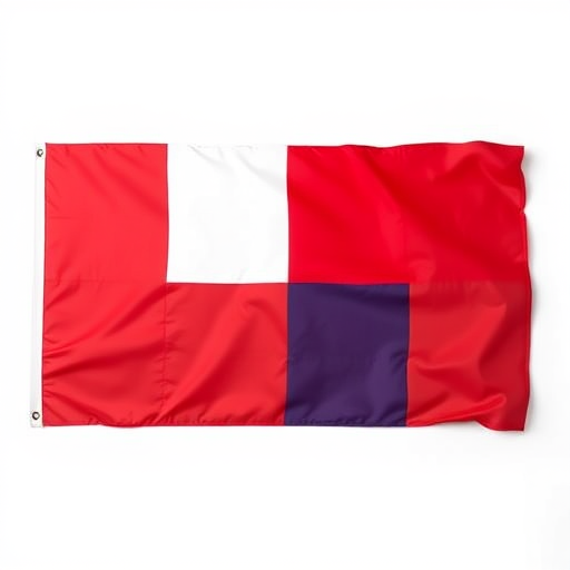 Create a high-resolution representation of the flag of Panama displaying red and blue quadrants with a white background, using a DSLR camera with a 50mm lens at f/8, ISO 100, and a top-down view.