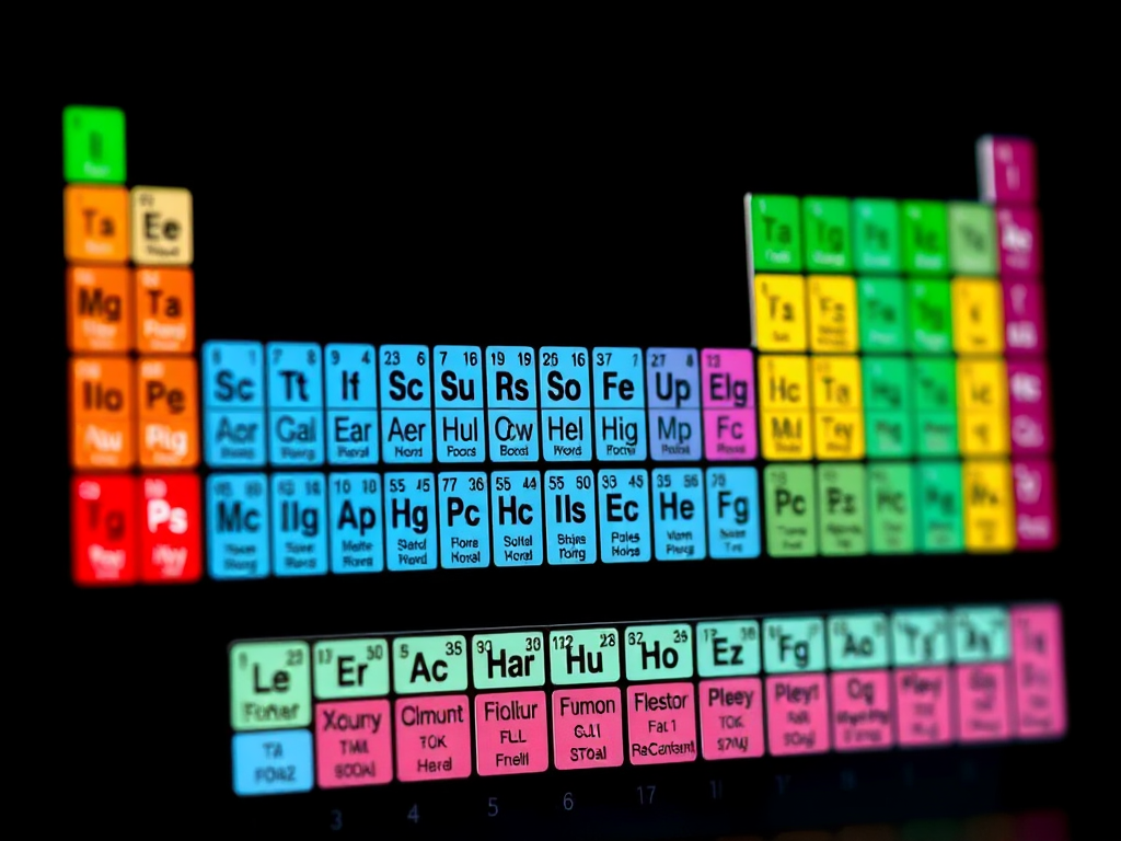 Create a high-resolution image of the periodic table of elements with a modern design, using a macro lens at f/2.8 aperture, 50mm focal length, shot from a 45-degree angle, with a clean black background and vibrant colors for each element to enhance visibility and detail.
