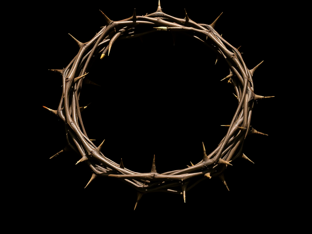 Create a detailed and realistic circular thorn crown with intricate thorn details and texture, set against a black background, photographed with a DSLR camera at f/4 aperture, ISO 100, 50mm lens, shot in natural lighting from a top-down view to enhance depth and shadow.