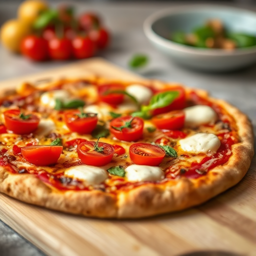 highly detailed close-up of a freshly baked pizza topped with cherry tomatoes and mozzarella on a wooden serving board, natural light, f/2.8, 1/60 sec, ISO 100, 50mm lens, DSLR camera, vibrant colors and sharp focus on the pizza with a soft blurred background