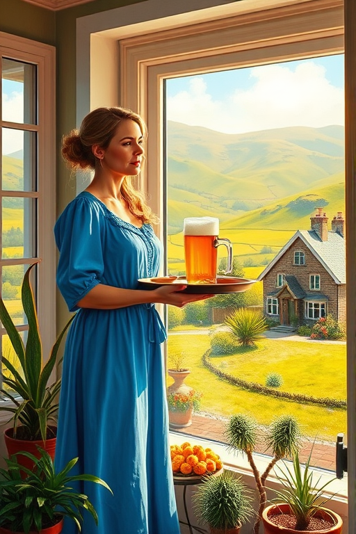 In "A Glass of Beer on the Highland," a serene scene is depicted in a sunlit room where a woman in a vibrant blue dress stands by a large window. She holds a tray with a hearty meal and a frothy glass of beer, embodying a moment of relaxation. Outside, the breathtaking highland landscape features rolling green hills and a charming traditional house, all bathed in warm afternoon light. The interior is adorned with potted plants, creating a harmonious blend of comfort and nature. The painting beautifully captures the tranquility and joy found in simple pleasures amidst stunning scenery