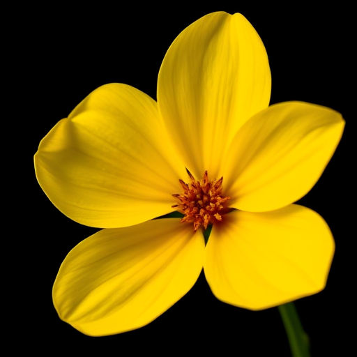A vibrant yellow flower with five petals and a brown center, captured in macro detail with a DSLR camera, f/2.8 aperture, 100mm lens, 1/200 sec shutter speed, soft natural lighting against a black background.