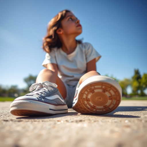 Generate an ultra-realistic, highly detailed, high-definition photograph. It's a photo of a girl sitting on the floor. She's looking at the horizon. The photo is taken from the bottom up, at ground level. The girl's sneakers are in the foreground, in the center of the scene. The girl is wearing light clothes, a t-shirt and short shorts. The sky is blue. Bright environment. The background is a blurred image of a park.