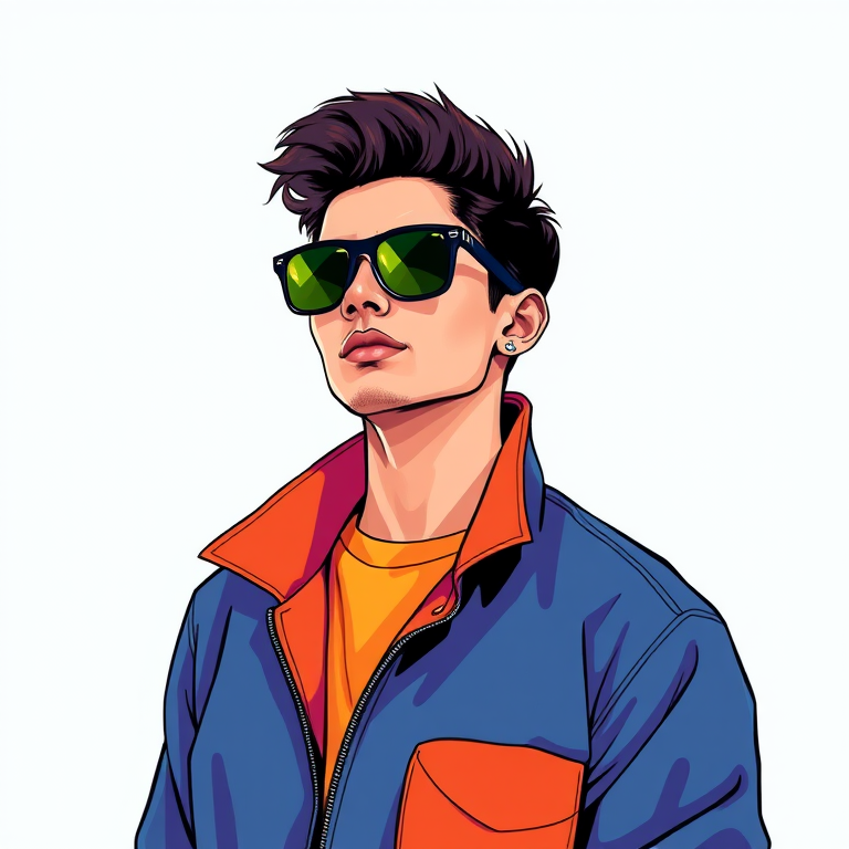 Create a vibrant digital illustration of a stylish young man wearing sunglasses and a colorful outfit, showcasing a confident pose, with a focus on bold colors and smooth lines; use a Canon EOS R5 with a 50mm f/1.2 lens at ISO 100, f/1.2, and a shutter speed of 1/200s for sharp detail and vibrant hues.