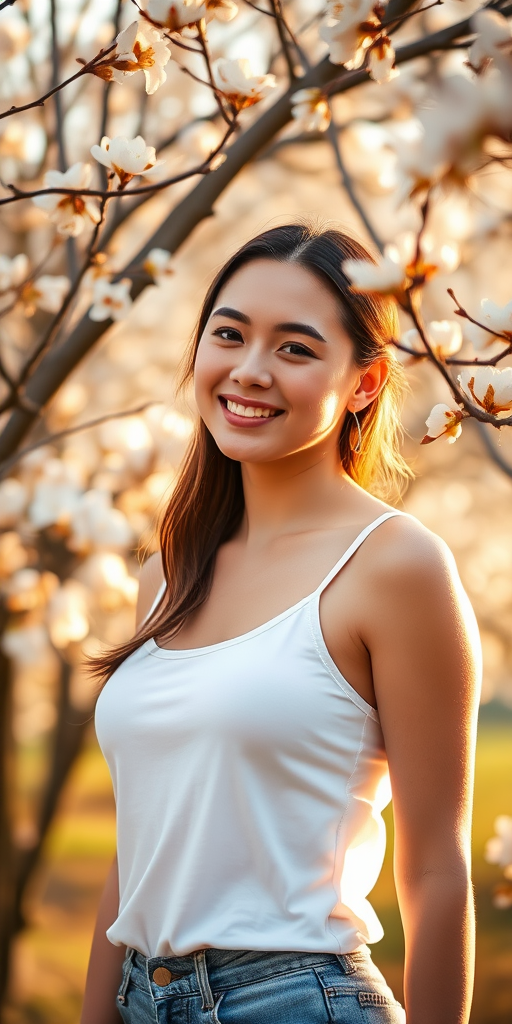 Portrait of a young woman in a white tank top standing among blossoming trees, smiling softly, golden hour lighting, shallow depth of field, ISO 100, f/2.8, 50mm lens, DSLR camera, natural light.
