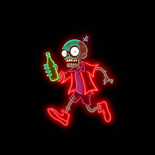 Create an image of a neon sign featuring a cartoon-style zombie in a dynamic pose, holding a bottle. The neon sign should glow in red against a dark background, making the character stand out prominently. The character should appear to be running, capturing attention with its vibrant color and action pose, perfect for advertising or decorative purposes.