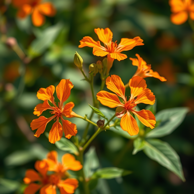 Create a vibrant illustration of orange flowers with green leaves, using a DSLR camera with a 50mm lens at f/2.8, ISO 100, and a shallow depth of field for a soft background blur, shot in natural light to enhance color saturation and detail.