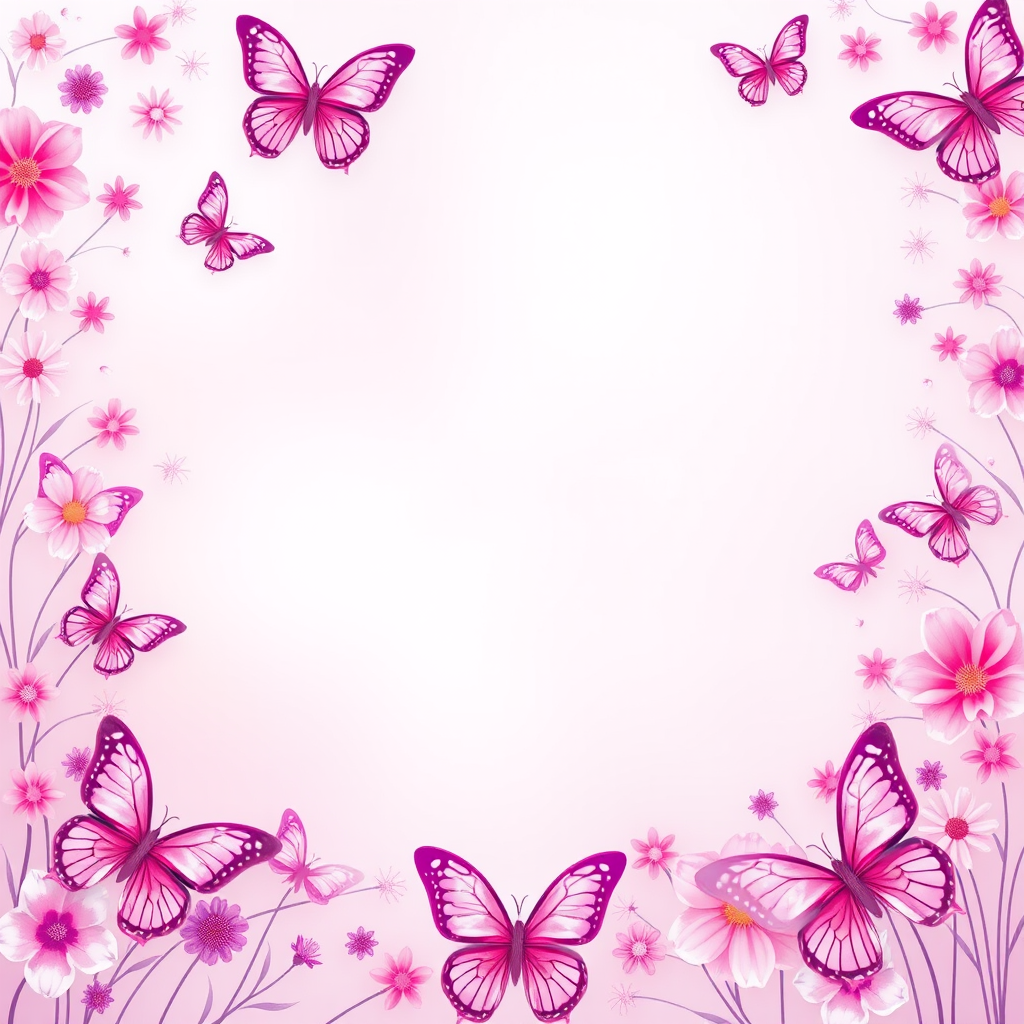 Create a vibrant and whimsical border design featuring various butterflies in shades of pink and purple. The center should be left blank for text, while the butterfly motifs should be delicately arranged in the corners and along the edges, creating a soft, inviting atmosphere. Include subtle floral elements in the background to enhance the overall aesthetic.
