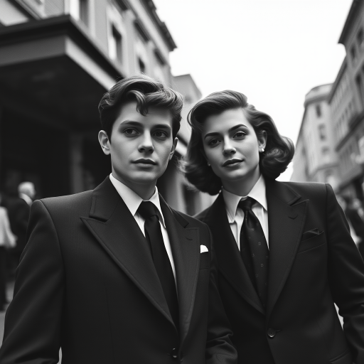 Black-and-white photograph, couple, tailored suits, retro hairstyles, film noir style, Tilt the camera for a dynamic Dutch angle using a versatile 24-70mm lens
