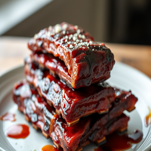 Create a high-resolution image of a stacked plate of ribs with a glossy barbecue glaze, shot using a DSLR camera at f/2.8 for a shallow depth of field, with a 50mm lens from a slightly elevated angle, emphasizing texture and color saturation.