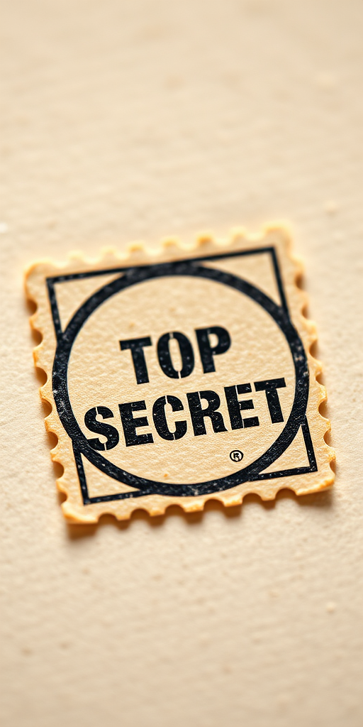 Create an image of a "Top Secret" stamp, using a high-resolution camera set to 50mm lens at f/2.8, with a shallow depth of field, flat lay perspective, and soft lighting to enhance the texture and details of the stamp.
