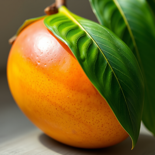 A realistic mango with a glossy texture, detailed shading, and a vibrant green leaf, captured with a Canon EOS R5, 50mm f/1.2 lens, aperture set to f/2.8, ISO 100, in soft natural lighting for enhanced color vibrancy and depth, shot from a slightly angled perspective to highlight the fruit's curves.