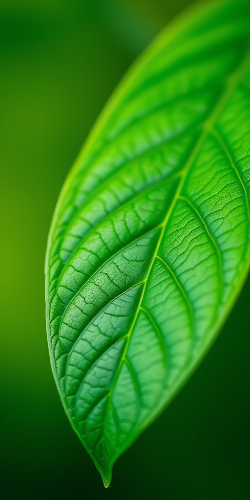 A highly detailed close-up of a vibrant green leaf with a gradient soft green background, using a DSLR camera with a 50mm lens, aperture f/1.8, ISO 100, and a shallow depth of field to enhance clarity and focus on the leaf's texture.