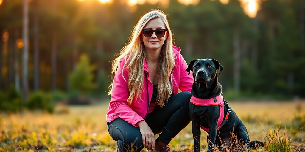 Capture a vibrant outdoor scene of a woman with long blonde hair wearing a pink jacket and sunglasses, kneeling next to a black dog in a pink harness, with a blurred forest in the background at golden hour, using a Canon EOS R5, 85mm lens, f/1.8, ISO 200, 1/200 sec, shooting in portrait orientation to enhance depth of field and detail.