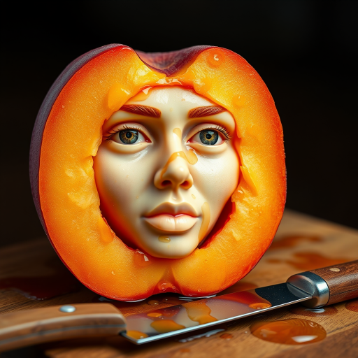 A hyperdetailed photorealistic macro color saturated high resolution image of a peach cut in half, with the peach pit being a highly detailed sculpted woman's face with her eyes open and peach-colored irises. The face has a marble texture. The image includes condensation, moisture, and peach juice. The peach is on a wooden cutting board with a small fruit knife nearby, also covered with juice.