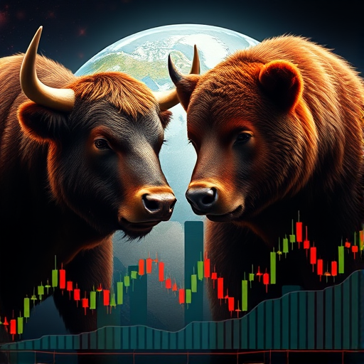 Create a high-resolution digital illustration of a bull and bear in front of a globe, with a stock market trend line and candlestick chart in the foreground, using a Canon EOS R5 with a 24-70mm f/2.8 lens, f/8 aperture, ISO 100, and a 1/125s shutter speed, focusing from a slight aerial perspective to enhance depth and detail.