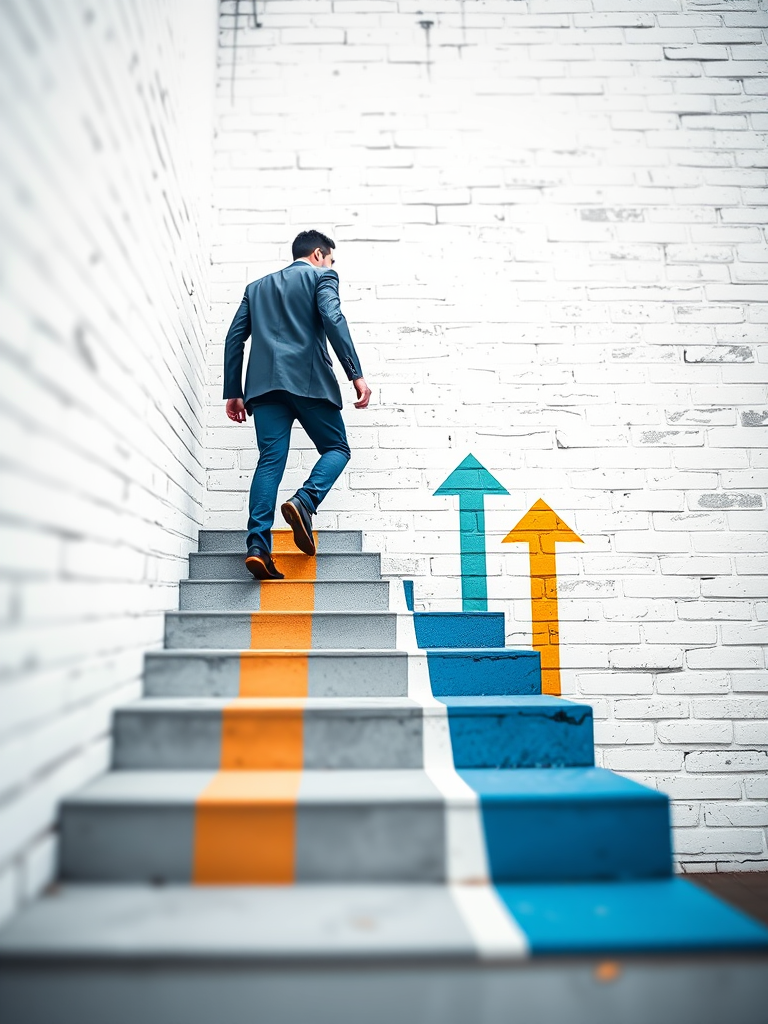 Generate an image of a person walking up stylized stairs with colorful upward arrows on a textured white brick wall background, using a DSLR camera with a 50mm lens, aperture f/1.8, ISO 200, and a shallow depth of field to enhance focus on the subject while blurring the background.