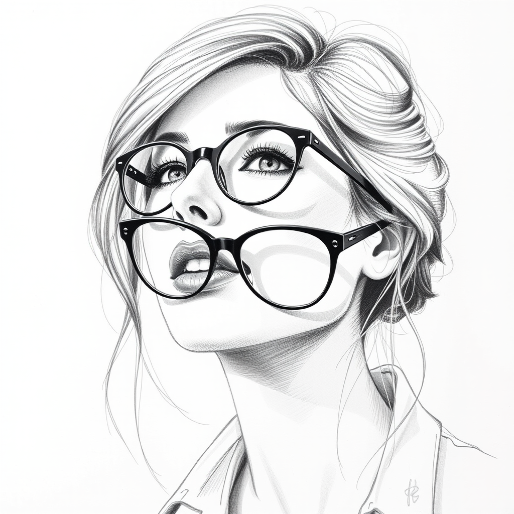 Lovely Ashley Benson, pencil sketch, portrait of Attractive woman 1960s in glasses, hair style beatnik, outline, clear lines, fine lines, 8k