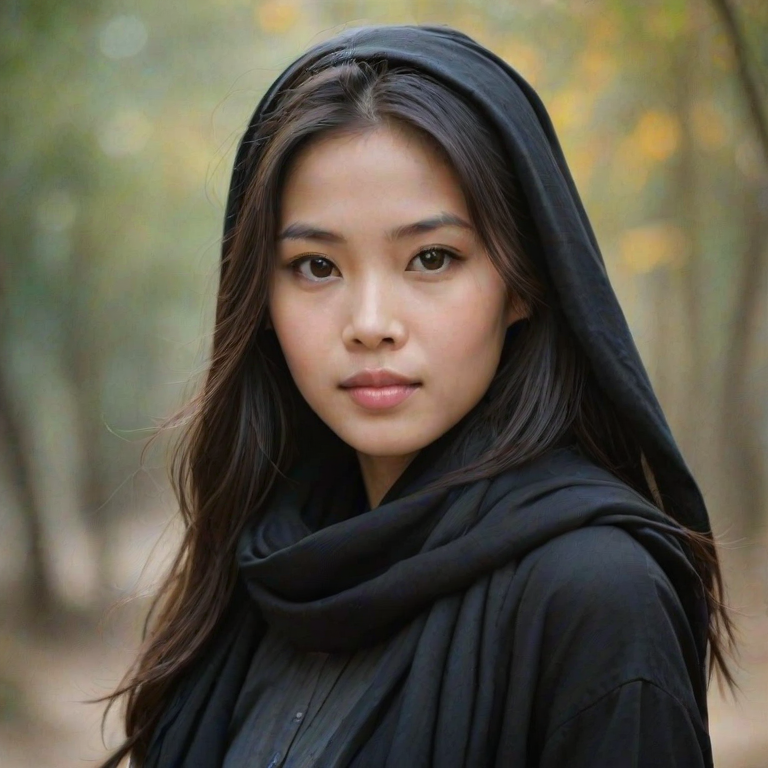 Create a portrait of a young Vietnamese woman with long, dark hair and captivating hazel eyes. She is wearing a black headscarf and a matching scarf draped gracefully around her neck. The background is softly blurred, focusing attention on her serene and natural expression. The overall color palette is muted and warm, enhancing the intimate and authentic feel of the portrait.