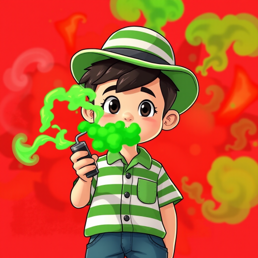 Create an illustration of a cartoon boy with a green and white striped shirt and a matching hat, holding a smoke bomb emitting green smoke, set against a vibrant red explosion background, using a Canon EOS R5 with a 50mm f/1.2 lens, shot in portrait orientation, with a bright color palette and high contrast for enhanced detail and clarity.