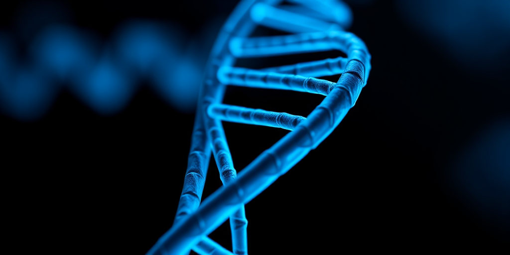 Close-up view of a glowing blue DNA helix on a dark background, macro lens, f/2.8 aperture, ISO 100, 1/200s exposure time, shot with a DSLR camera, soft focus with enhanced lighting effects.