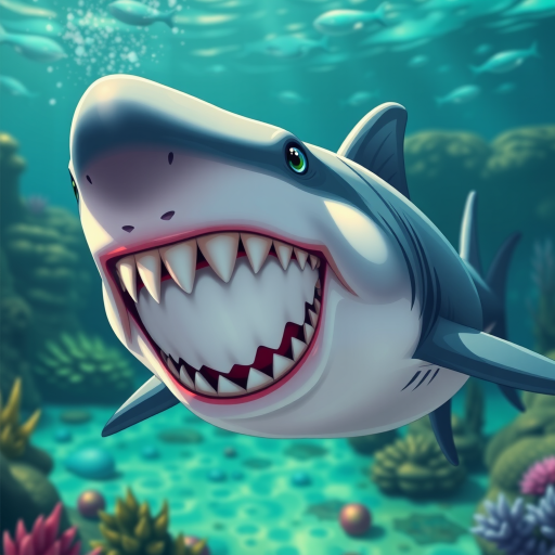 Create a detailed illustration of a cartoon shark with exaggerated features, showcasing sharp teeth and an expressive face in a vibrant underwater scene, using a Canon EOS R5 camera with a 50mm lens, aperture set at f/1.8, shutter speed of 1/200s, ISO 100, in high dynamic range style for enhanced color and detail.