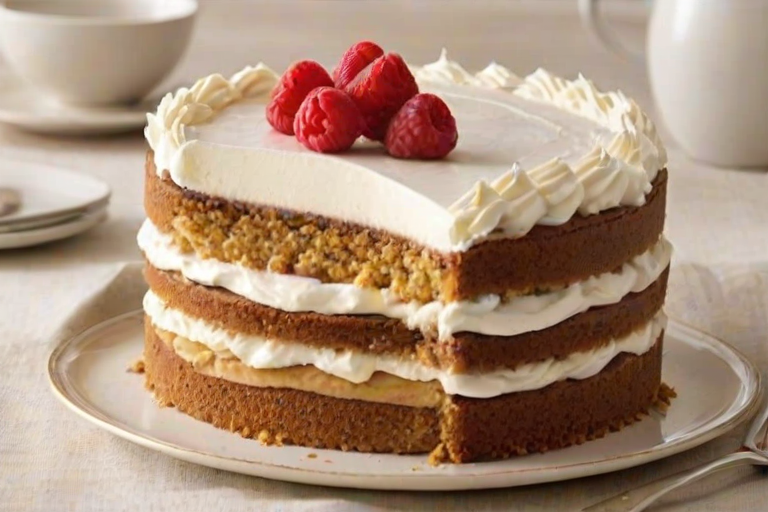 Create an image of a layered dessert with three distinct layers in a round cake form. The bottom layer should be a creamy white filling, the middle layer a light brown, and the top layer a fluffy white topping. The cake should have a textured, golden brown crust. Display a slice of the cake on a simple plate alongside the whole cake and a couple of additional slices. The background should be subtle and not distracting.