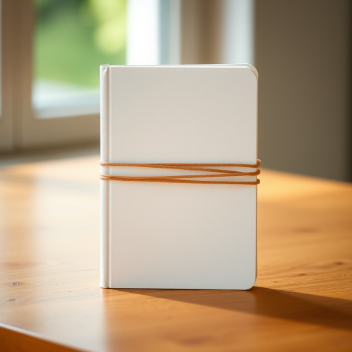 Create a realistic image of a closed white notebook with a rubber band around it, captured with a DSLR camera at f/2.8, ISO 100, 50mm lens, in natural light with a soft focus background.