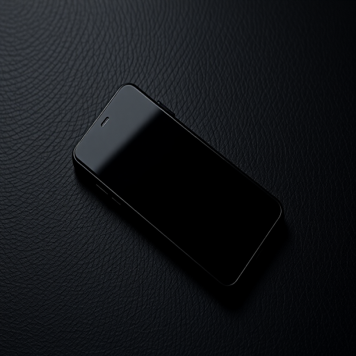 regenerate the image of a black smartphone lying on a textured black surface, use a Canon EOS R camera with a 50mm lens, aperture f/1.8, ISO 200, shutter speed 1/60 sec, in a low-light setting for enhanced contrast and detail.