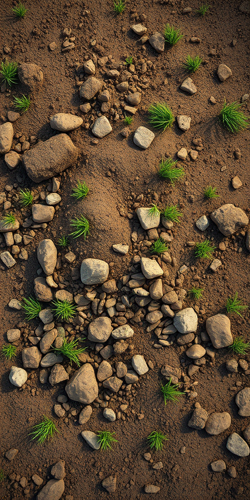 Create a high-resolution illustration of a dirt pile with small rocks and sparse grass, using a DSLR camera with a 50mm lens, aperture f/2.8, ISO 100, natural lighting from above, shallow depth of field, focusing on texture and detail.