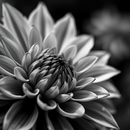 Close-up of a black and white dahlia flower with intricate petal details, shot with a DSLR camera at f/2.8 aperture, ISO 100, 50mm lens, natural lighting, shallow depth of field for enhanced focus on flower texture.