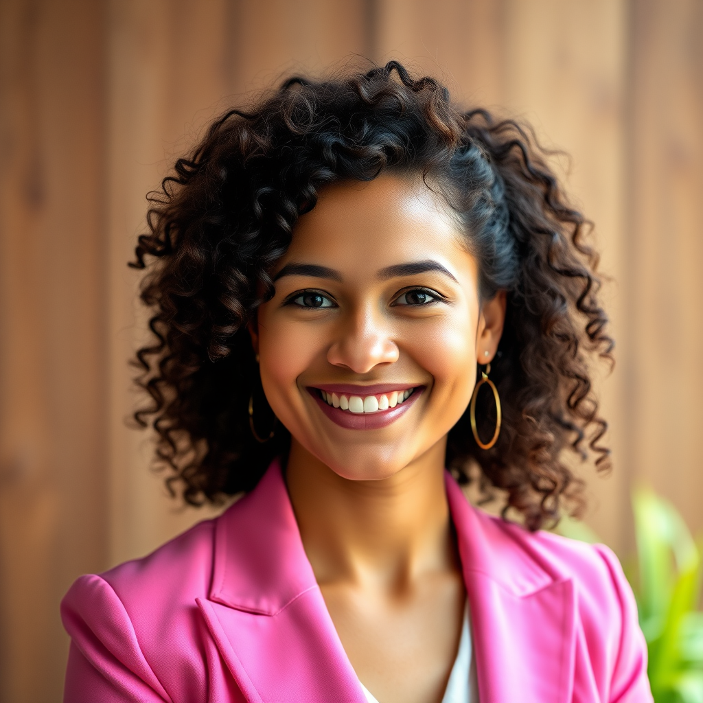 portrait of a smiling woman with curly hair wearing a pink blazer, soft focus background with wooden texture, natural lighting, 50mm lens, aperture f/2.8, ISO 100, shot with a DSLR camera
