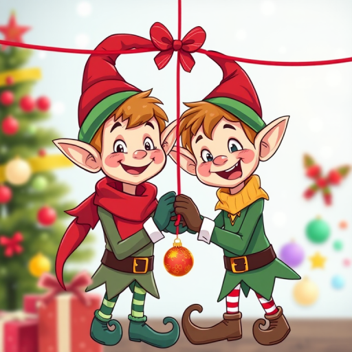 Create a colorful cartoon illustration of two cheerful elves working together to hang Christmas decorations, focus on vibrant colors and playful expressions, shot with a DSLR camera, using a 50mm lens, f/2.8 aperture, 1/250 sec shutter speed, and a soft focus background for enhanced detail.