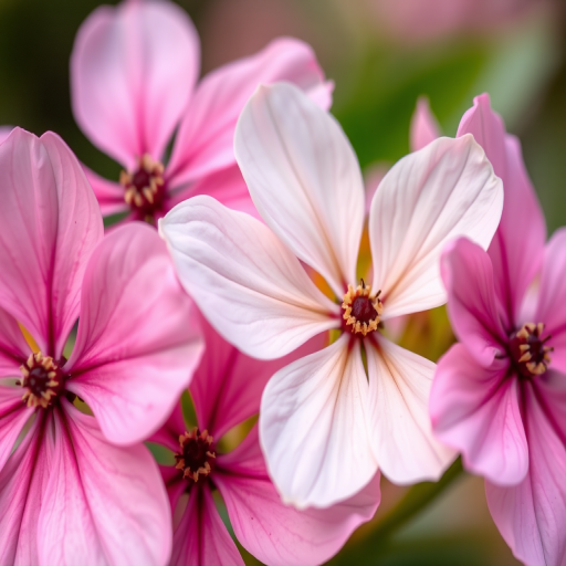 Close-up shot of pink and white flowers with a soft background, macro lens, aperture f/2.8, shutter speed 1/200 sec, ISO 100, natural lighting, DSLR camera, focus on flower details.