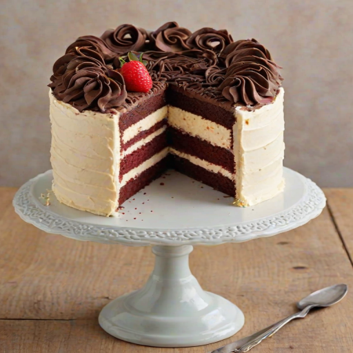 Create an image of a layered cake with distinct sections. The top layer should be decorated with elegant frosting and small chocolate curls. Below that, include a red velvet layer, followed by a creamy cheesecake layer, and a bottom layer of a chocolate cookie crust. Make sure to show the cross-section clearly to highlight the different textures and colors of each layer. The background should be simple and neutral to emphasize the cake.