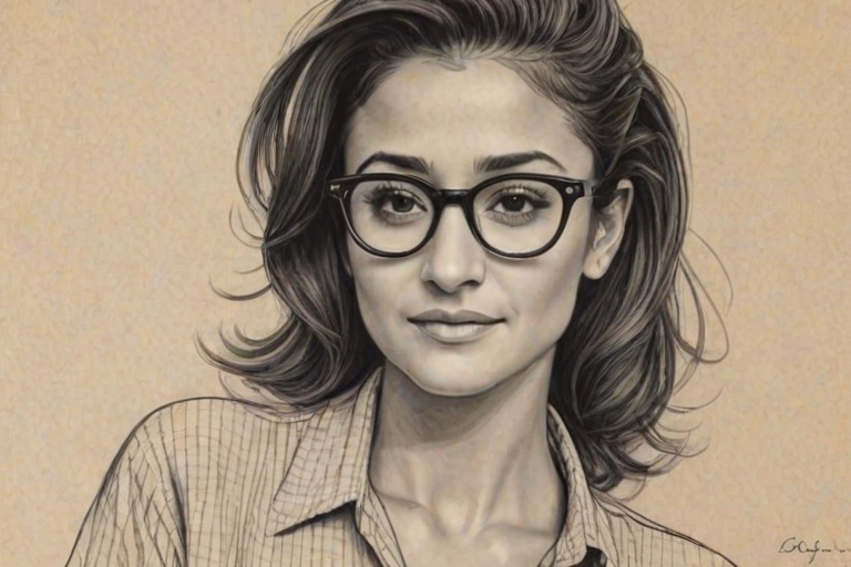 Alluring Emmanuelle Chriqui, pencil sketch, portrait of Beauteous woman 1941s in glasses, hair style beatnik, outline, clear lines, fine lines, 8k