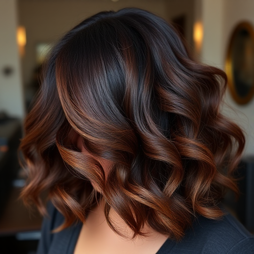 Sultry dark chocolate brown hair with caramel swirls, created by Mocha Swirl, showcasing a voluminous blowout with bouncy curls and subtle honey-toned highlights framing the face