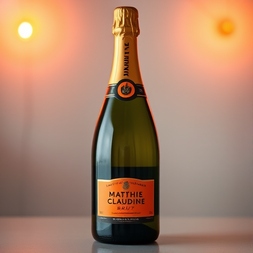 create a high-resolution image of a champagne bottle labeled "Mathie & Claudine Brut Imperial" with vibrant lighting, set against a soft-focus background, using a DSLR camera, 50mm lens, f/1.8 aperture, ISO 100, and a well-lit studio setting