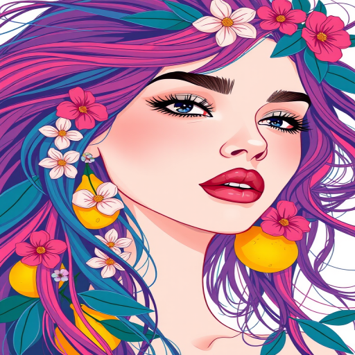 Create a vibrant illustration of a woman with flowing, multi-colored hair, adorned with flowers and lemons in a minimalist style; camera settings: ISO 100, aperture f/8, shutter speed 1/125s; camera view: close-up; camera style: high contrast; camera type: digital art illustration.