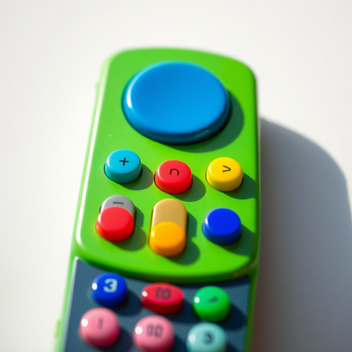 Create an illustration of a colorful remote control with a green body, blue button on top, and multiple colored buttons in a playful design, captured with a Canon EOS 5D Mark IV, 50mm lens, aperture f/2.8, ISO 100, in natural light to enhance vivid colors and details.