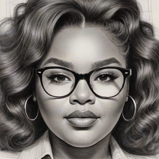 Enticing Lizzo, pencil sketch, portrait of Wonderful woman 1962s in glasses, hair style beatnik, outline, clear lines, fine lines, 8k