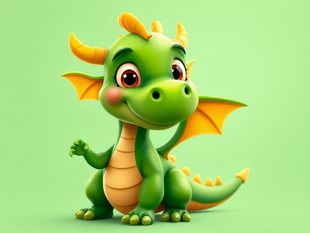 Create a vibrant cartoon-style image of a friendly green dragon with yellow accents, in a playful pose, captured with a DSLR camera, 50mm lens, f/2.8 aperture, ISO 100, natural lighting, front view and high resolution.
