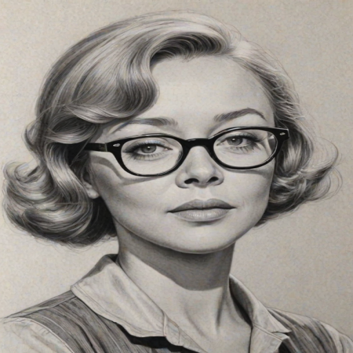Delightful Glynis Johns, pencil sketch, portrait of Captivating woman 1966s in glasses, hair style beatnik, outline, clear lines, fine lines, 8k