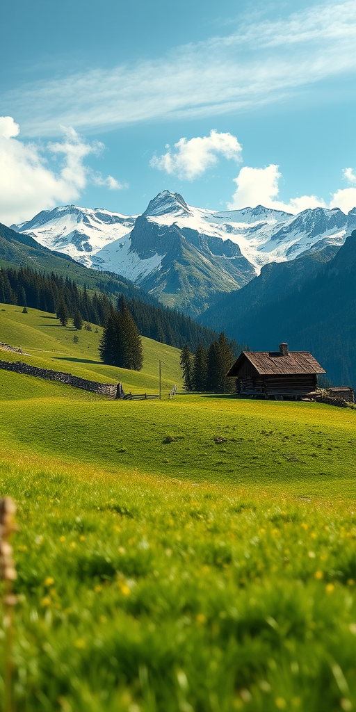 A picturesque Alpine landscape featuring green meadows, rolling hills, a rustic cabin, and snow-capped mountains in the background, captured with a Canon EOS R5, 24-70mm f/2.8 lens, f/8 aperture, ISO 100, and a wide-angle shot for enhanced depth of field.