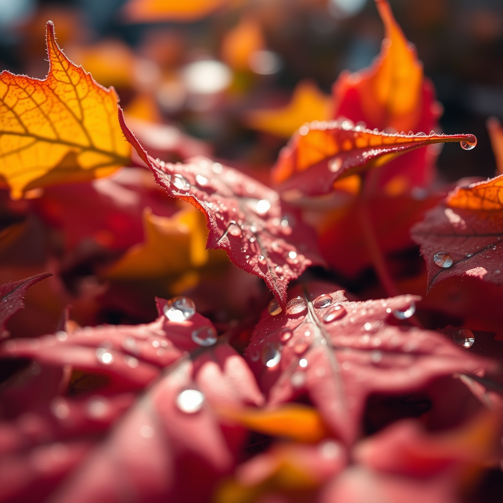 Close-up of vibrant autumn leaves with dew drops glistening in soft natural light, aperture f/2.8, ISO 100, shutter speed 1/200, macro lens, captured from a low angle to enhance depth of field.