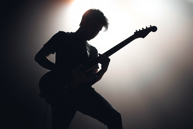 Create a high-resolution silhouette of a guitarist playing an electric guitar, use a DSLR camera with a 50mm lens, f/1.8 aperture, ISO 100, and a shallow depth of field at a low angle for dramatic effect, ensuring a clean background for emphasis on the silhouette.