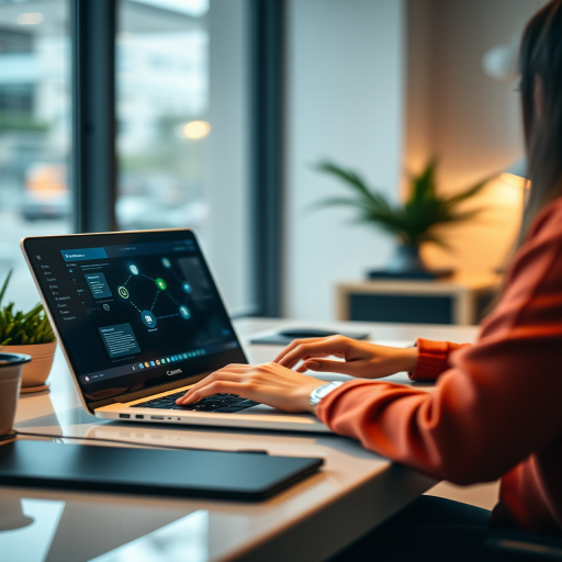 Create an image of a person working on a laptop at a modern desk, with a focus on digital connectivity icons appearing on the screen, captured with a Canon EOS R5, 50mm lens, f/2.8 aperture, ISO 100, soft natural lighting, and a shallow depth of field to enhance the background blur.