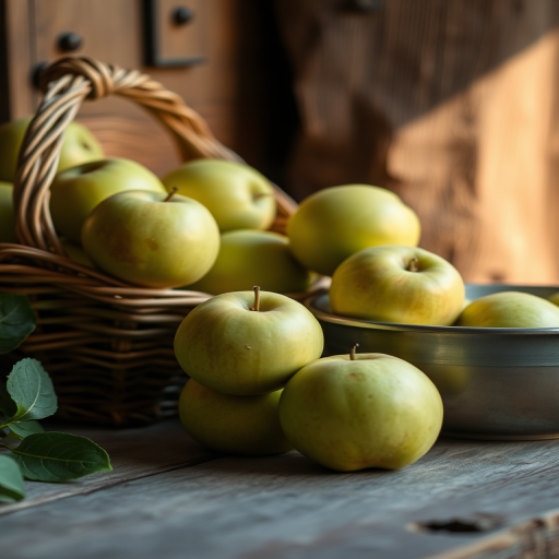 regenerate the image featuring a rustic setting with a basket of green apples next to a bowl, lighting softly illuminating the scene, shot with a DSLR camera, 50mm lens, aperture f/2.8, ISO 100, natural light, shallow depth of field for enhanced focus on the objects