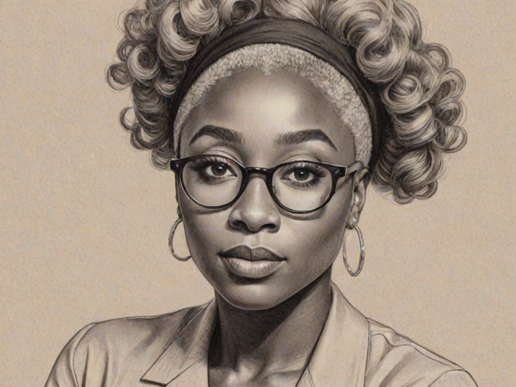 Bewitching Cynthia Erivo, pencil sketch, portrait of Exquisite woman 1955s in glasses, hair style beatnik, outline, clear lines, fine lines, 8k